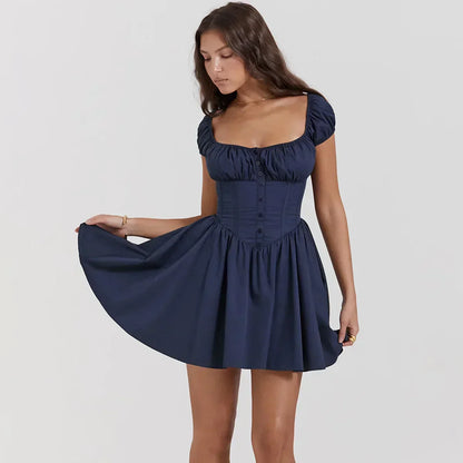 Ruched Bust Button Front Puff Sleeve Corset Fit and Flare Mini Dress