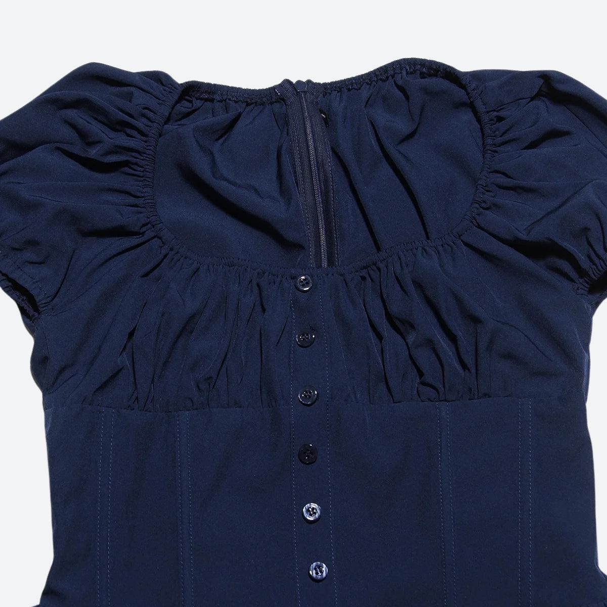Ruched Bust Button Front Puff Sleeve Corset Fit and Flare Mini Dress