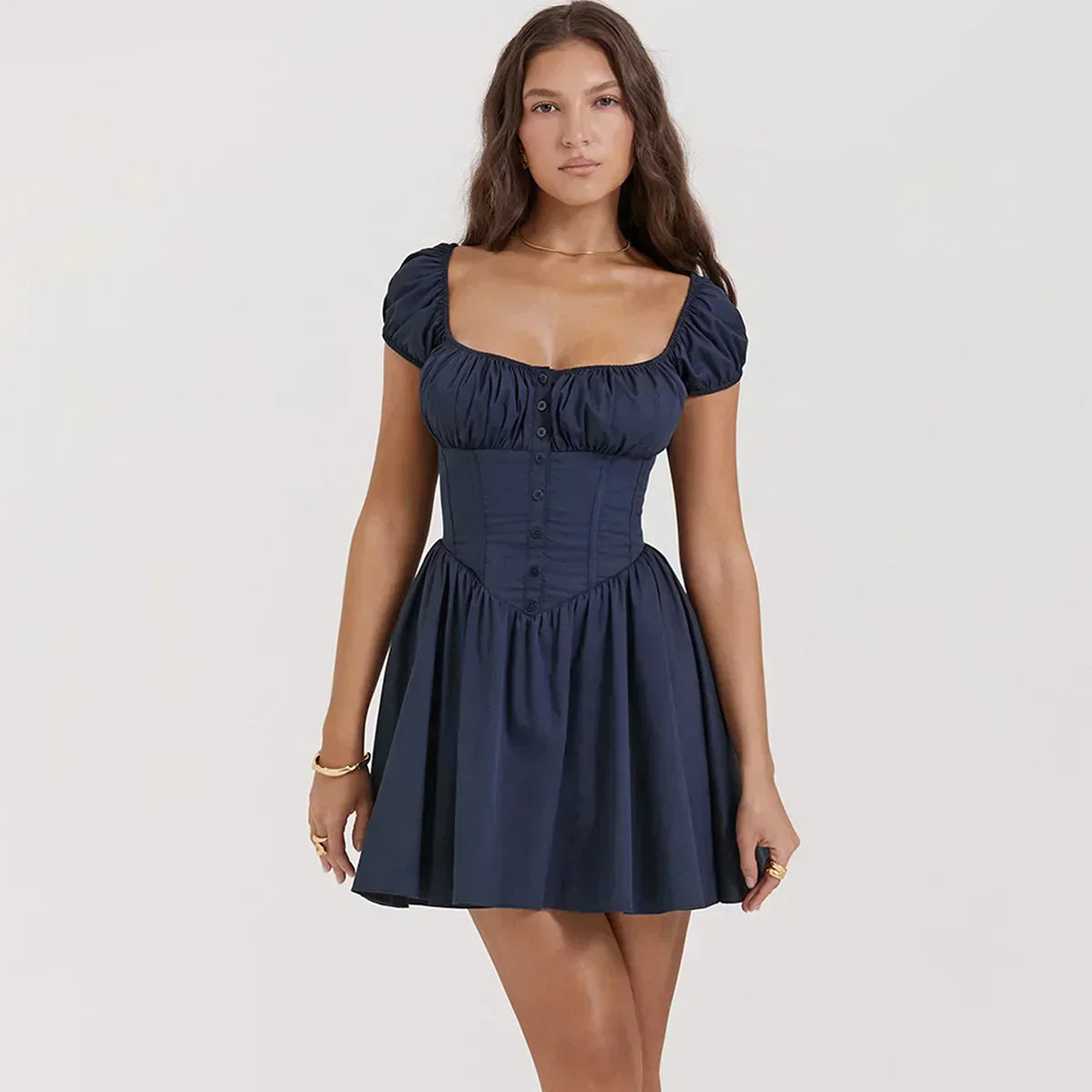 Ruched Bust Button Front Puff Sleeve Corset Fit and Flare Mini Dress