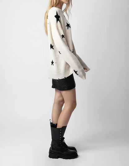 Star Ripped Cashmere Knit Pullover Casual Long Sleeve Knit Top