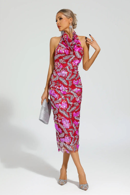 Strachey Rose Red Sequins Halter Dress