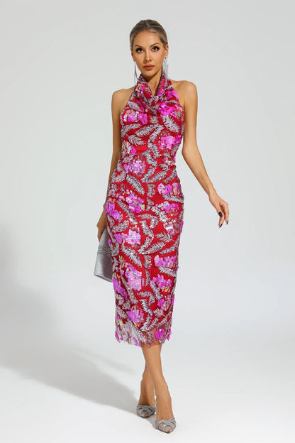 Strachey Rose Red Sequins Halter Dress