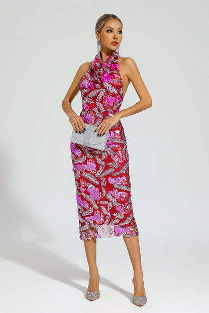 Strachey Rose Red Sequins Halter Dress