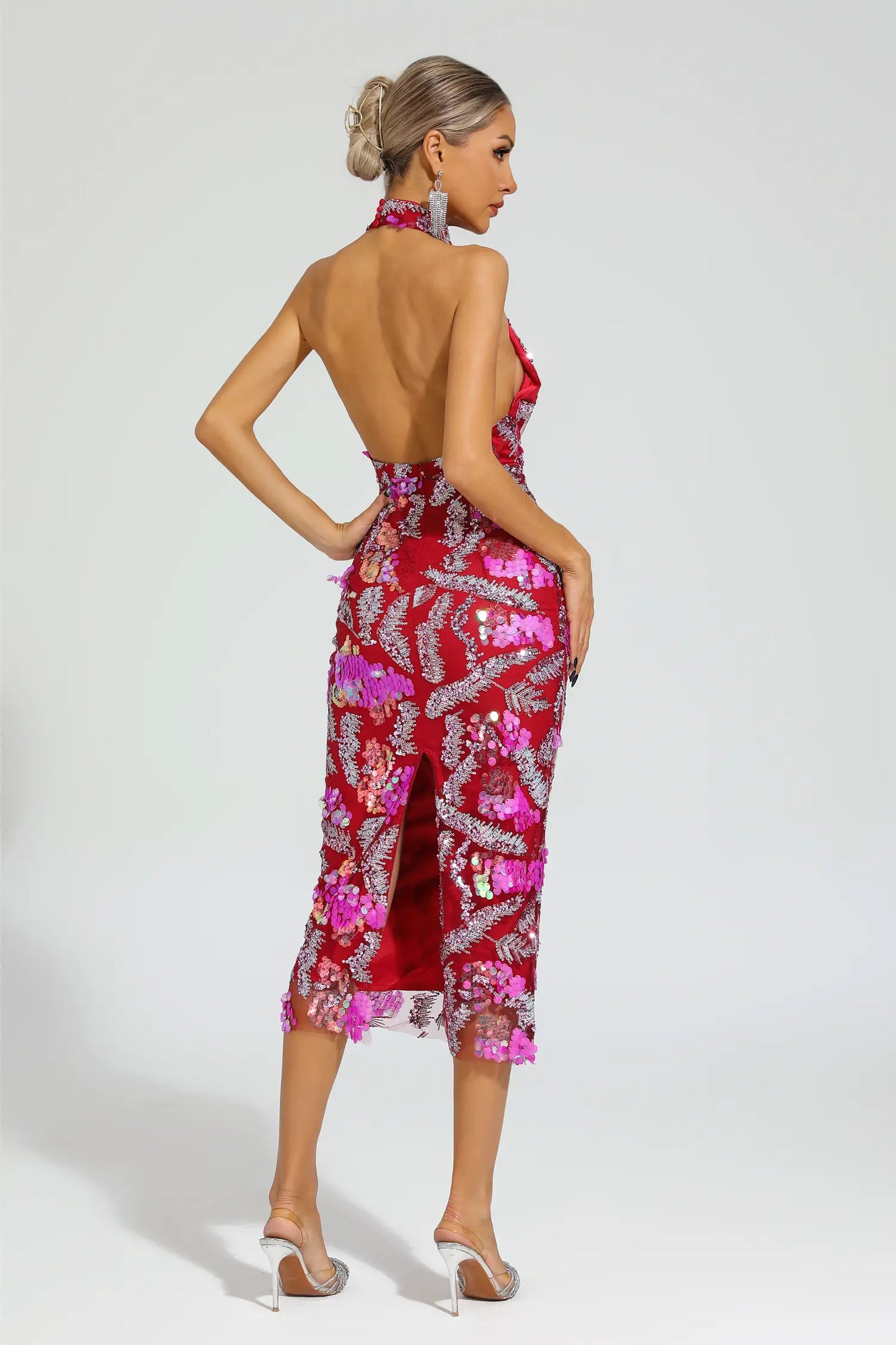 Strachey Rose Red Sequins Halter Dress