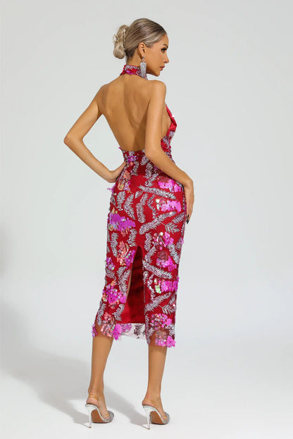 Strachey Rose Red Sequins Halter Dress