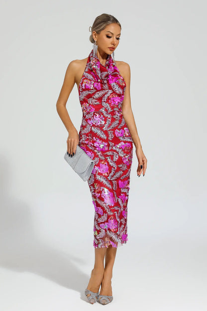 Strachey Rose Red Sequins Halter Dress