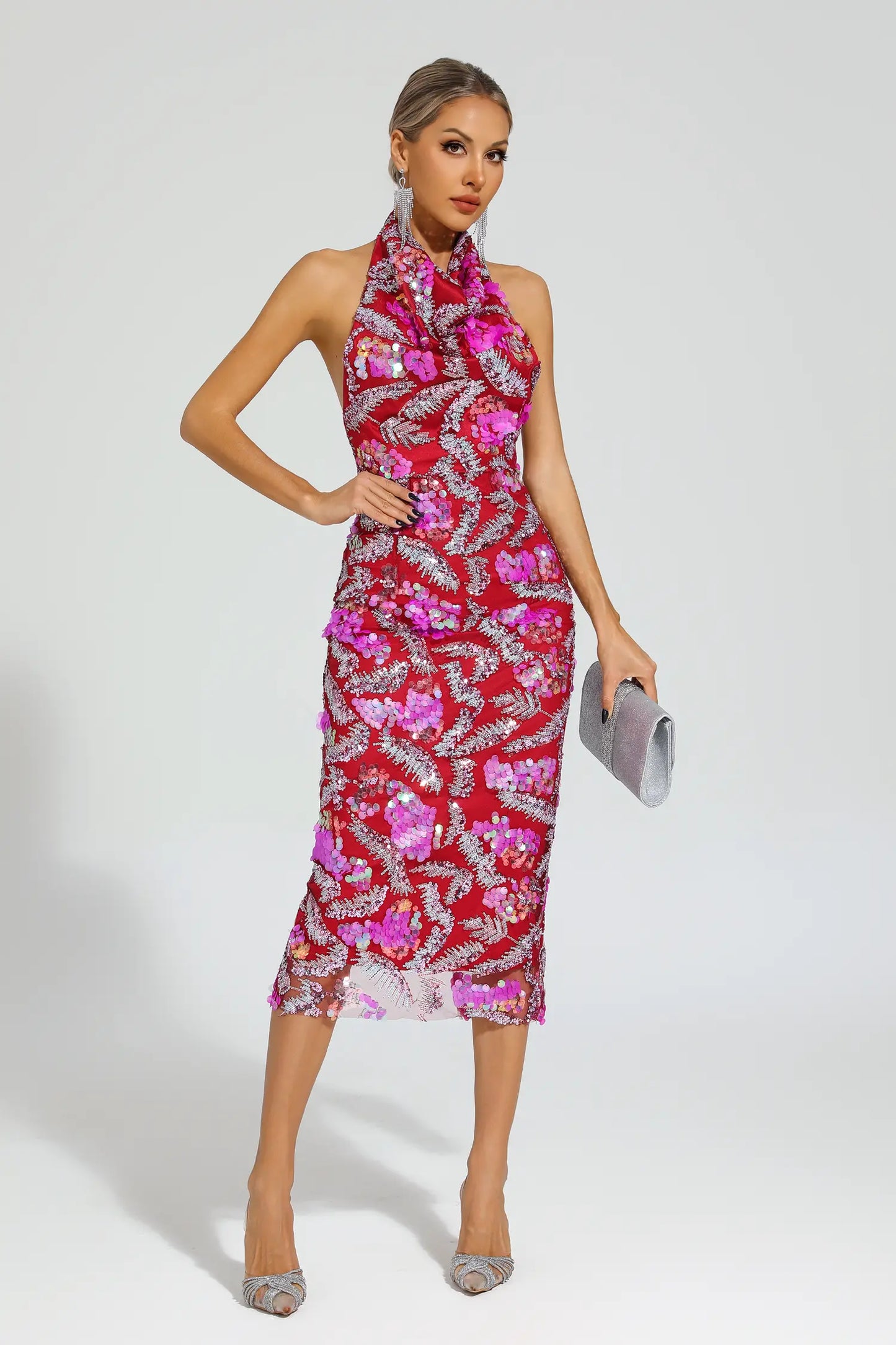 Strachey Rose Red Sequins Halter Dress