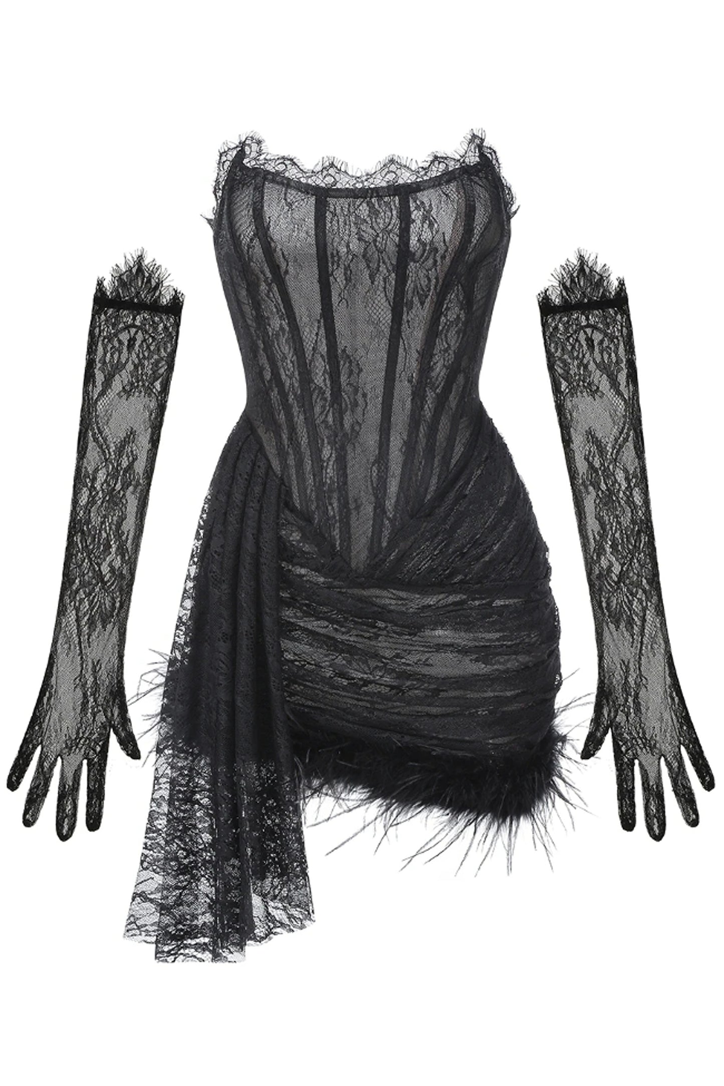 Queena Strapless Feather Trim Mini Lace Dress