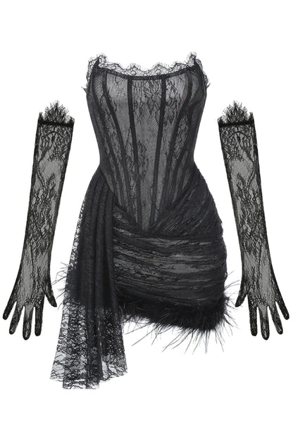 Queena Strapless Feather Trim Mini Lace Dress