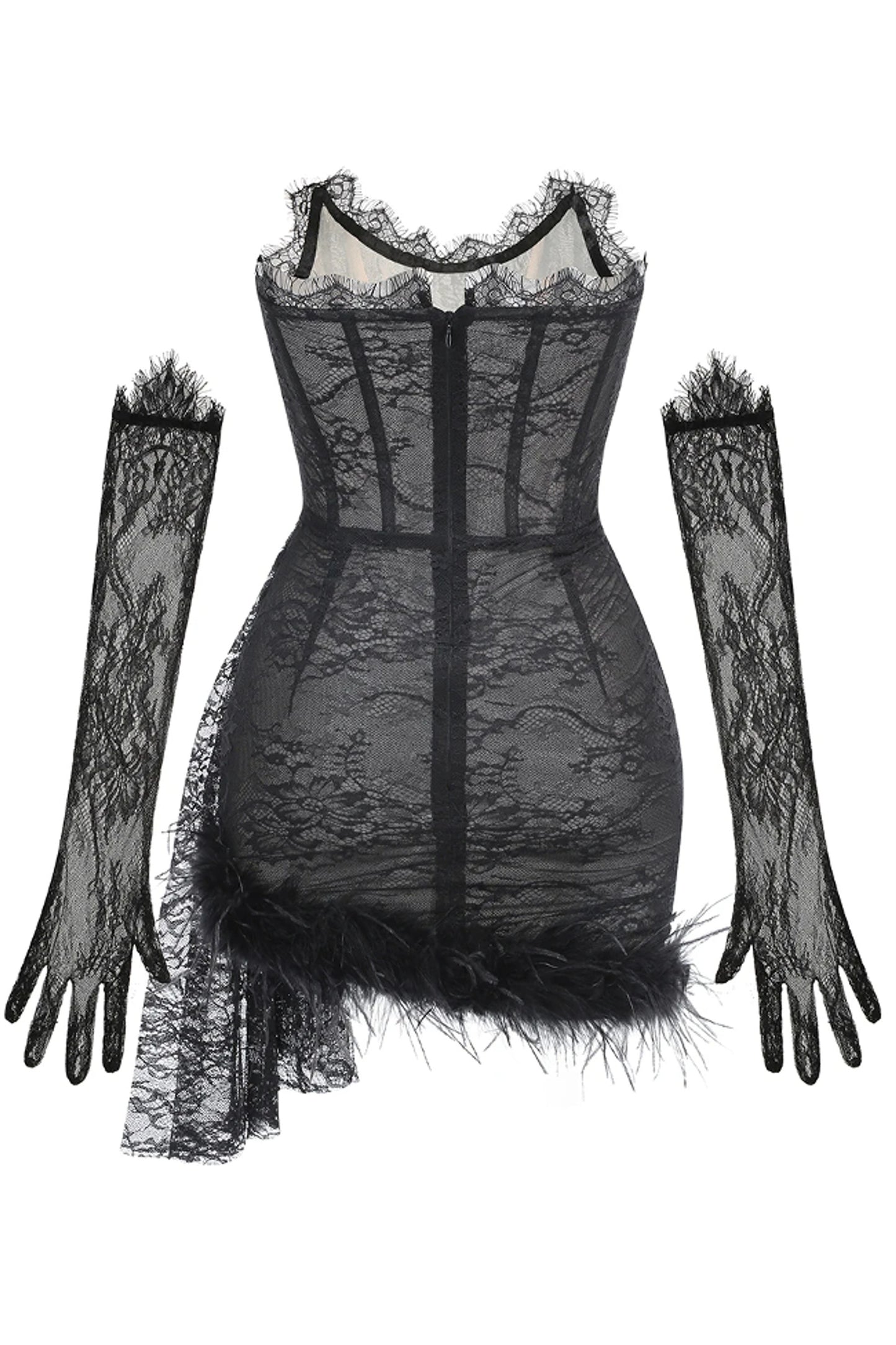 Queena Strapless Feather Trim Mini Lace Dress