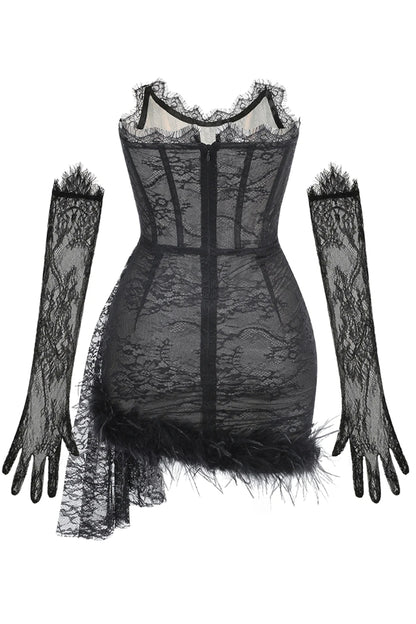 Queena Strapless Feather Trim Mini Lace Dress