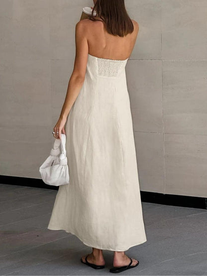 Strapless Linen-Blend Column Midi Dress