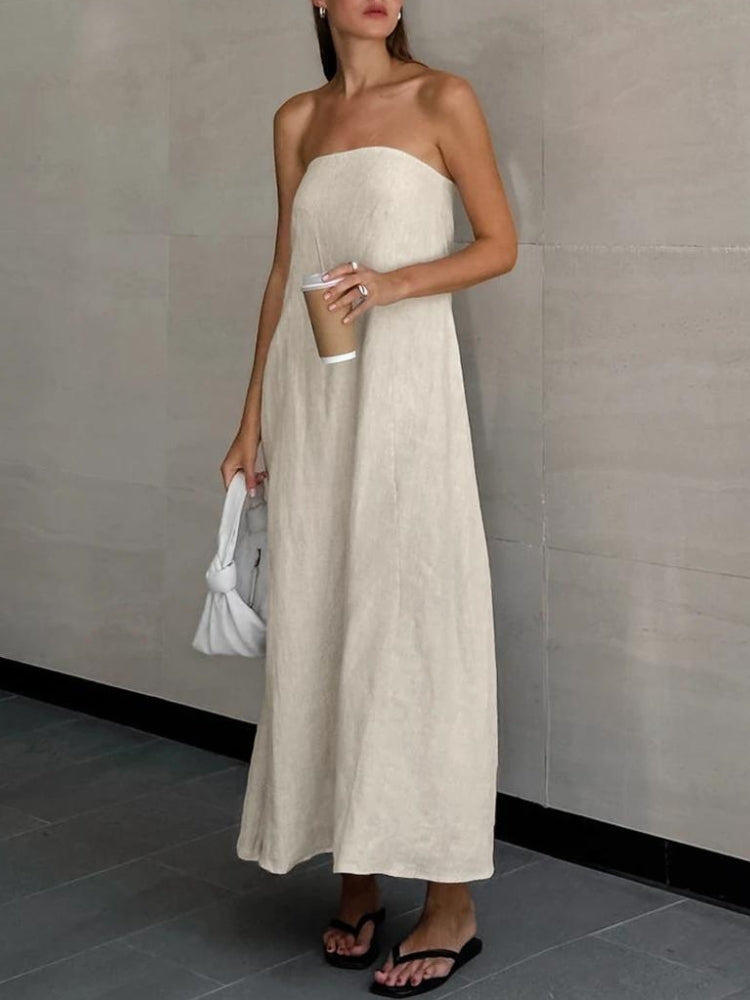 Strapless Linen-Blend Column Midi Dress