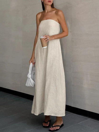 Strapless Linen-Blend Column Midi Dress