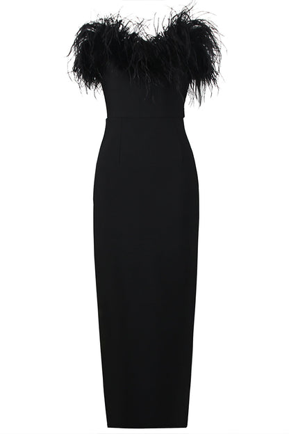 Veronica Feather Trim Strapless Maxi Dress