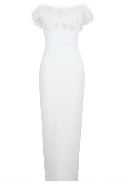Veronica Feather Trim Strapless Maxi Dress