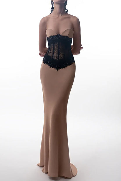 Barbara Embroidered Lace Strapless Maxi Dress