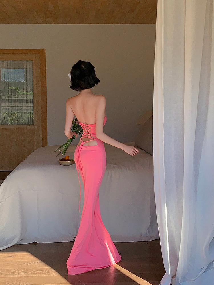 Strapless Tie-Back Mermaid Maxi Dress