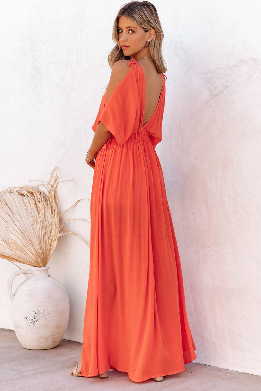 Strapless Slit Backless V-Neck Dress