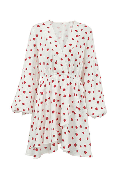 Strawberry Print Puff Sleeve Cotton Dress