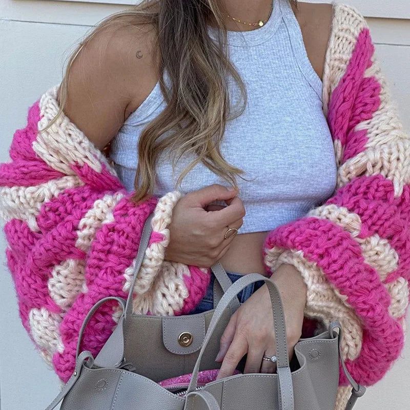 Stripe Pattern Lantern Sleeve Cropped Cardigan