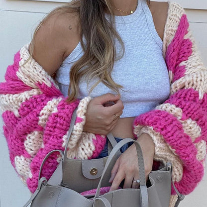 Stripe Pattern Lantern Sleeve Cropped Cardigan