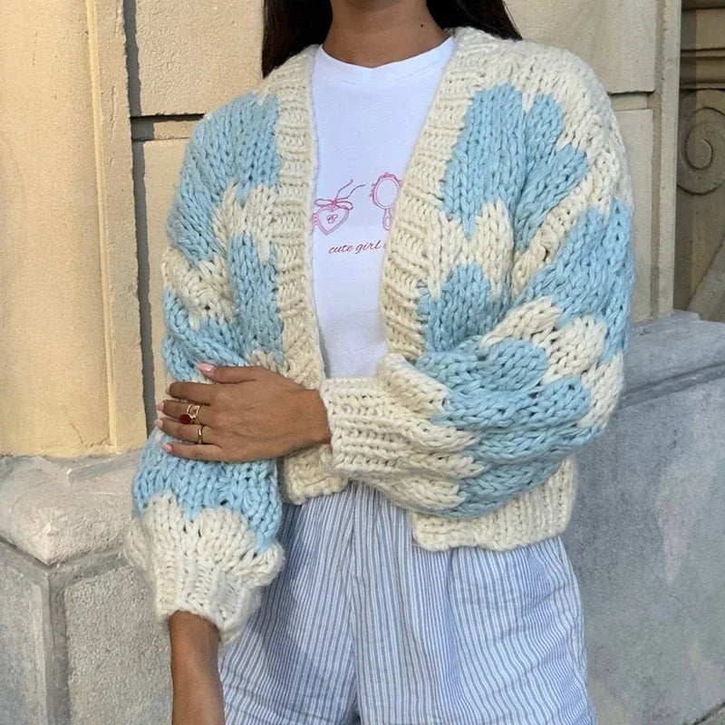 Stripe Pattern Lantern Sleeve Cropped Cardigan