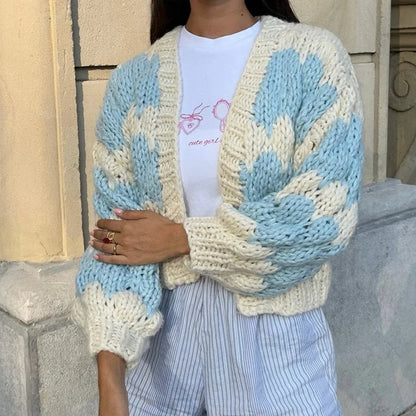 Stripe Pattern Lantern Sleeve Cropped Cardigan