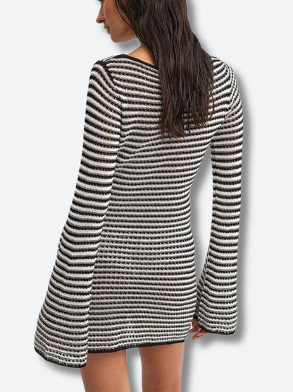 Horizontal Stripe Open Knit Bell Cuff Long Sleeve Mini Dress