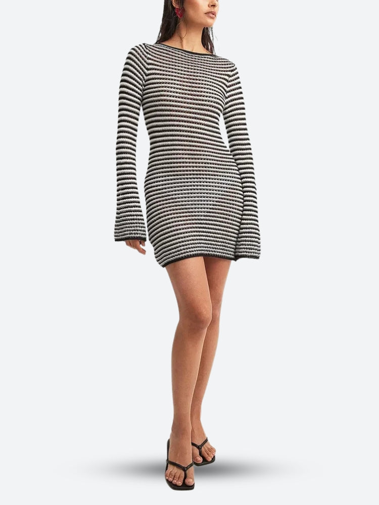 Horizontal Stripe Open Knit Bell Cuff Long Sleeve Mini Dress