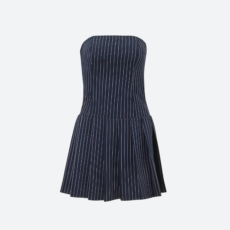 Pinstripe Strapless Pleated Tube Bodycon Mini Dress