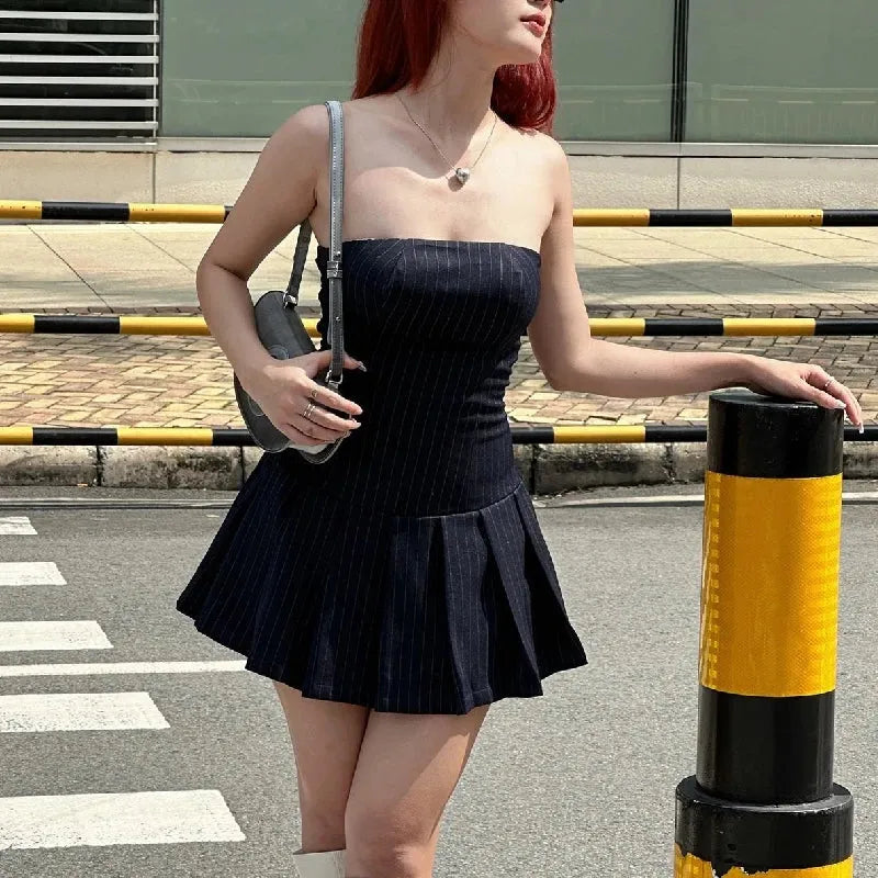 Pinstripe Strapless Pleated Tube Bodycon Mini Dress