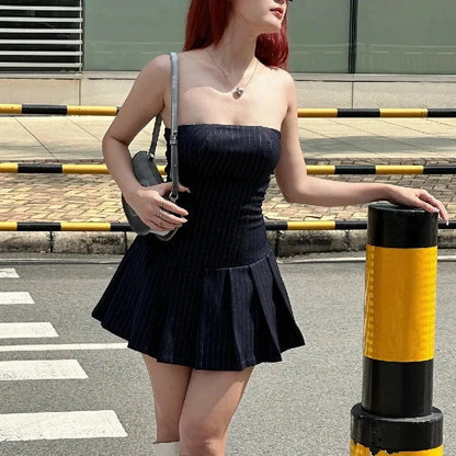 Pinstripe Strapless Pleated Tube Bodycon Mini Dress