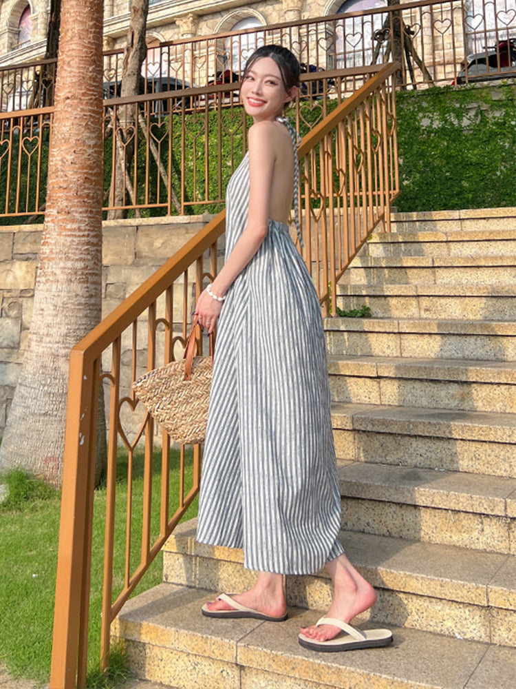 Striped Halter Backless Dress Flowy & Relaxed Beach Holiday Outfit