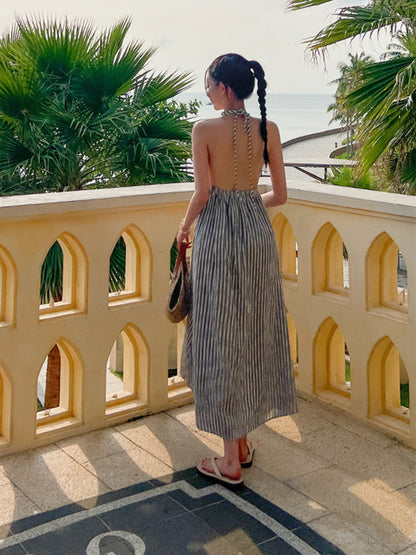 Striped Halter Backless Dress Flowy & Relaxed Beach Holiday Outfit