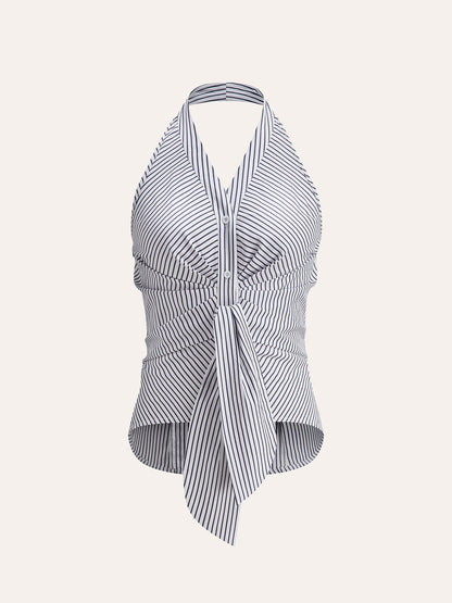 Striped Halter Top for Women – Summer V-Neck Sleeveless Blouse in Breathable Polyester