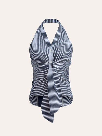 Striped Halter Top for Women – Summer V-Neck Sleeveless Blouse in Breathable Polyester