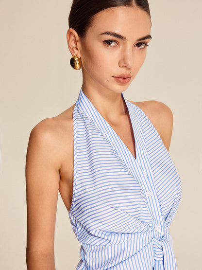 Striped Halter Top for Women – Summer V-Neck Sleeveless Blouse in Breathable Polyester