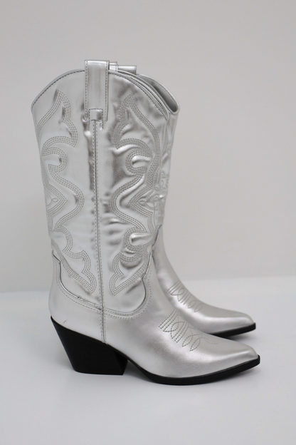 Stylish Cowboy Boots with Chunky Heel – Versatile Summer Footwear in Brown, Black, Beige, and Metallic
