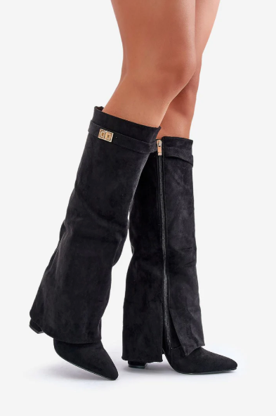 Stylish High Boots with Flap and Block Heel – 8.5cm Leather or Suede