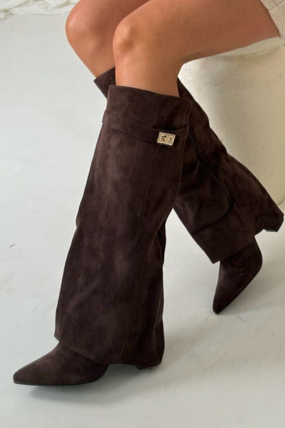 Stylish High Boots with Flap and Block Heel – 8.5cm Leather or Suede