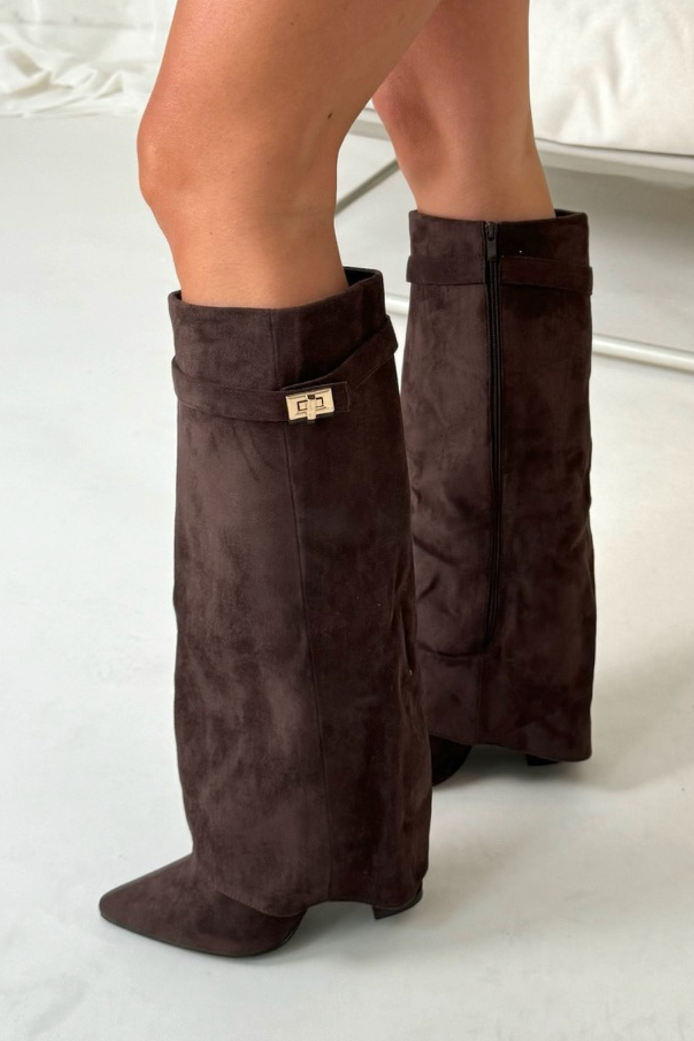 Stylish High Boots with Flap and Block Heel – 8.5cm Leather or Suede