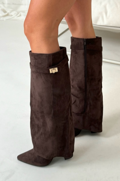 Stylish High Boots with Flap and Block Heel – 8.5cm Leather or Suede