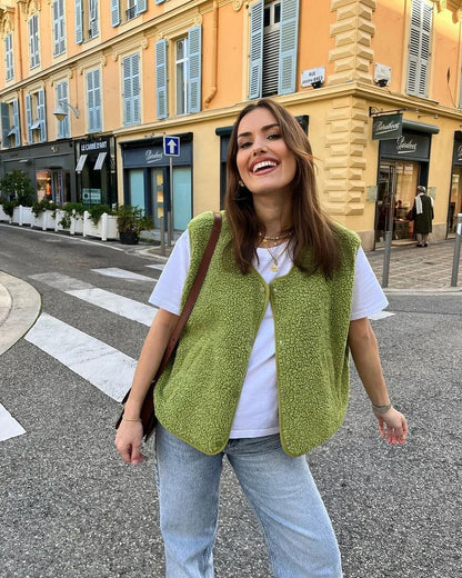 Stylish Women's Wool Blend Bodywarmer Gilet with Button Closure – Elegant V-Neck Layering Piece for All-Day Comfort