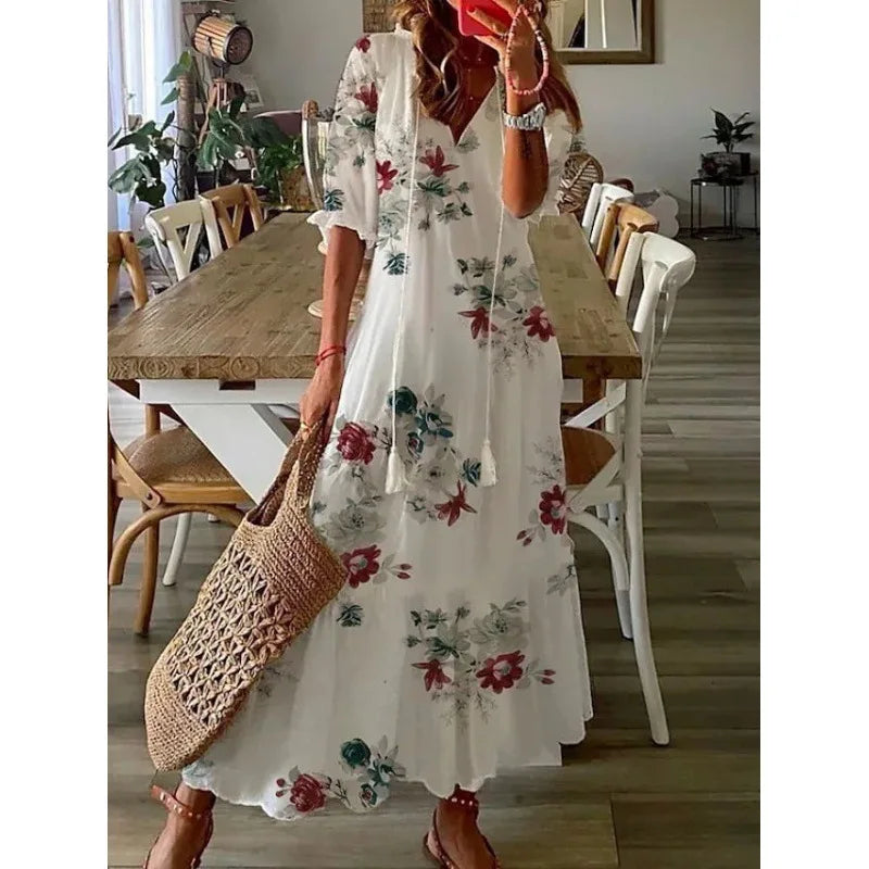 Bohemian Vintage Floral V-neck Summer Beach Dress
