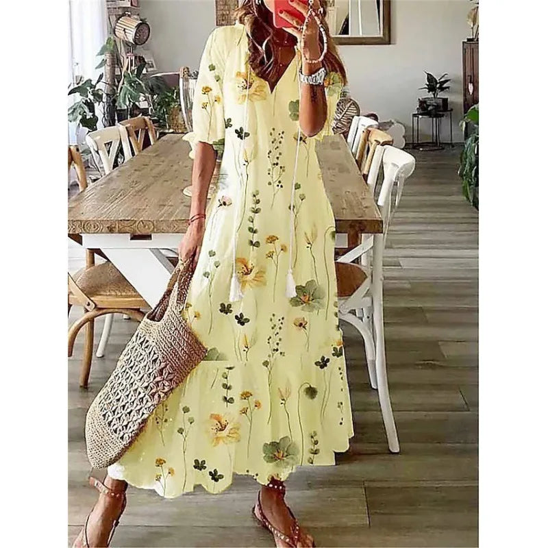 Bohemian Vintage Floral V-neck Summer Beach Dress