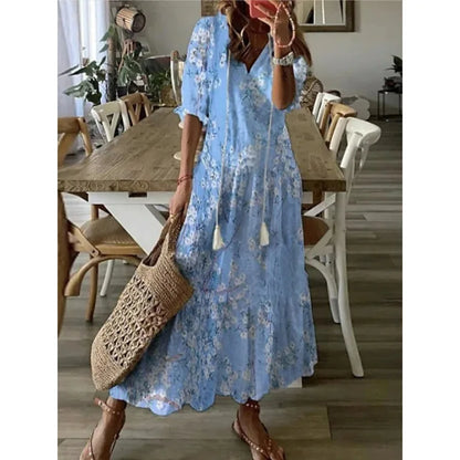 Bohemian Vintage Floral V-neck Summer Beach Dress