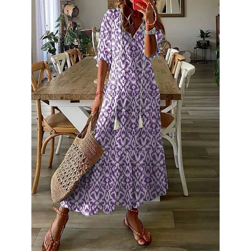 Bohemian Vintage Floral V-neck Summer Beach Dress