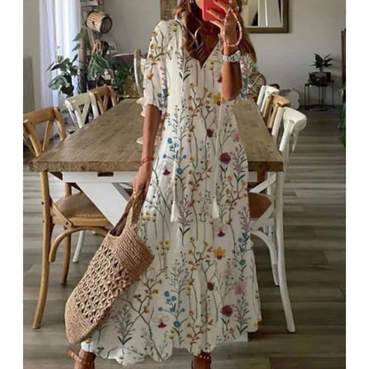 Bohemian Vintage Floral V-neck Summer Beach Dress