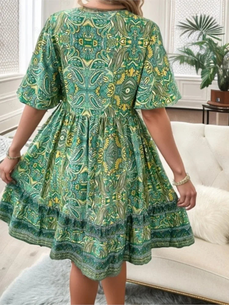 Boho Floral Mini V-neck Short Sleeve Beach Floral Dress